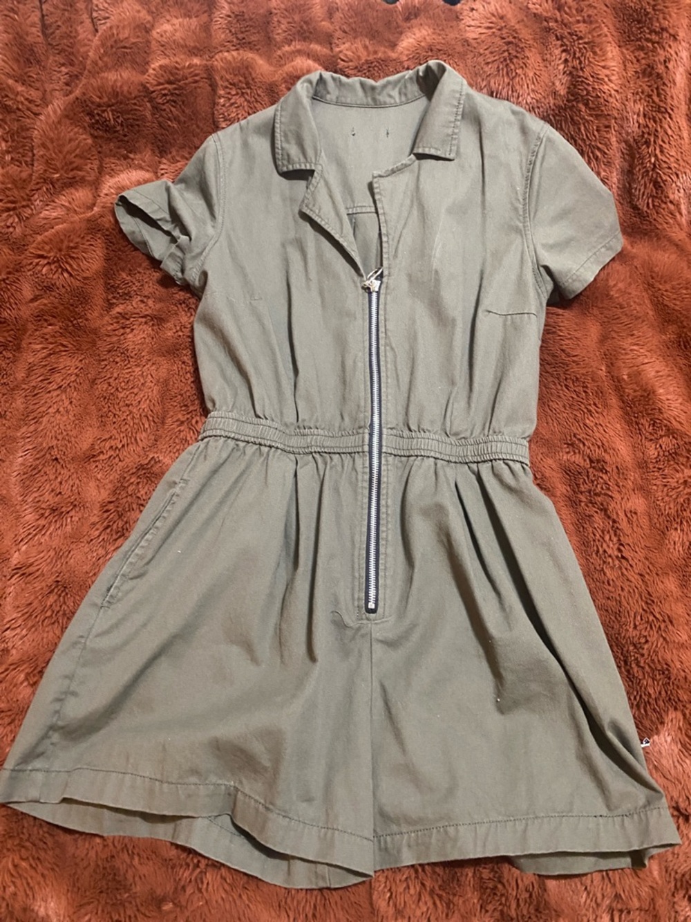 Utility Short-Sleeve Olive Romper with Front Zip